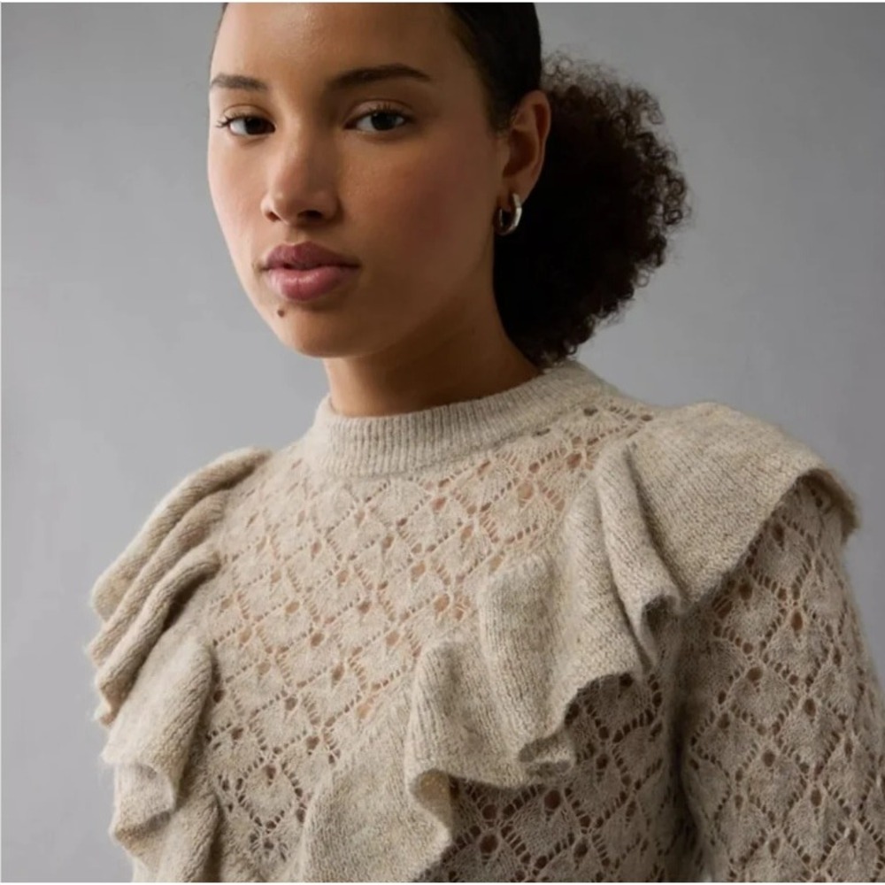 American Eagle Wispy-Knit High Neck Ruffle Sweater Size M NEW Crochet Knit Boho